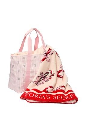 New Victoria's Secret Pink Striped Tote with Candy Cane Print Blanket